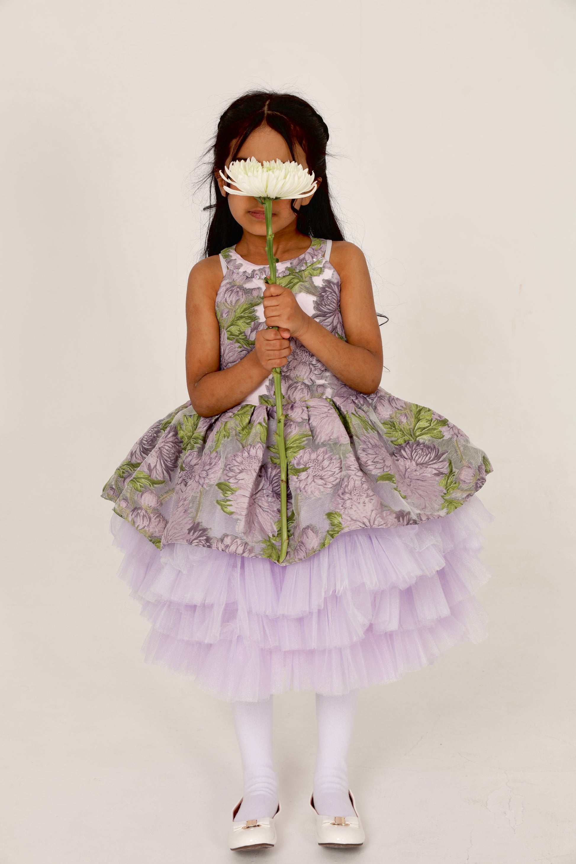 Lavender Jacquard Dress with Tulle Layers