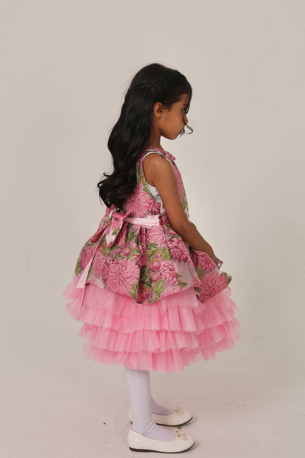 Fushia pink Jacquard Dress with Tulle Layers