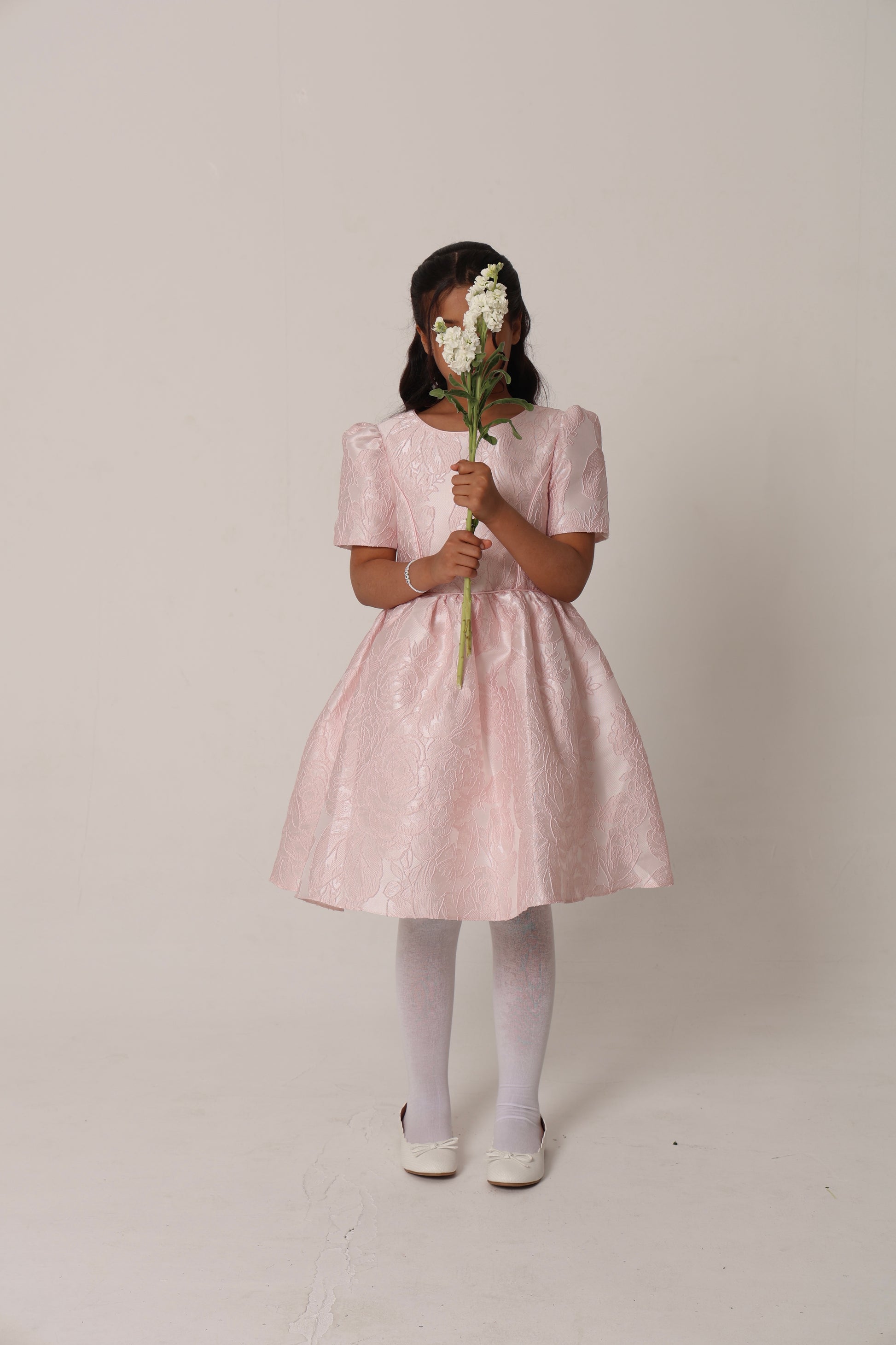 Floral-patterned lavender jacquard dress