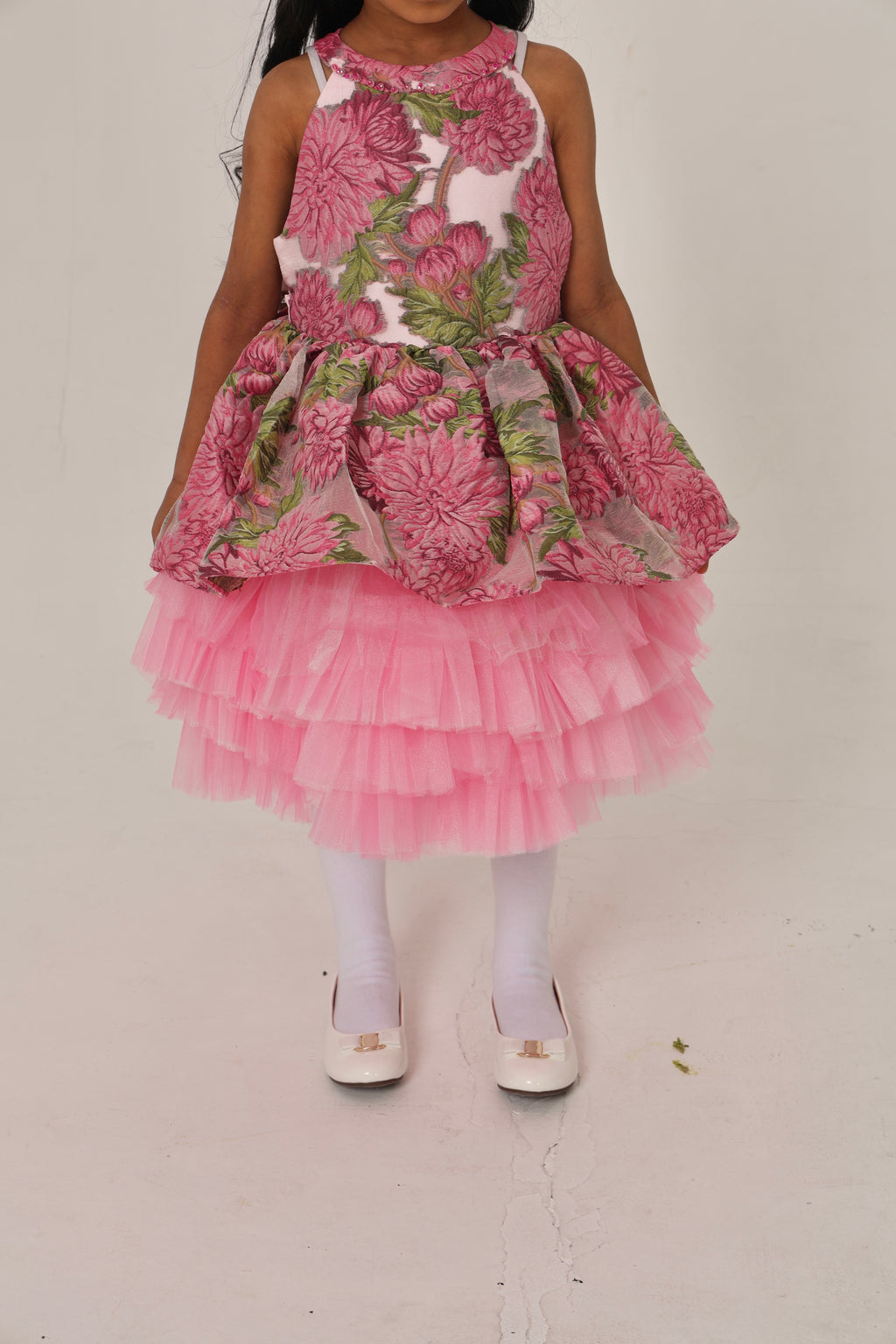 Fushia pink Jacquard Dress with Tulle Layers