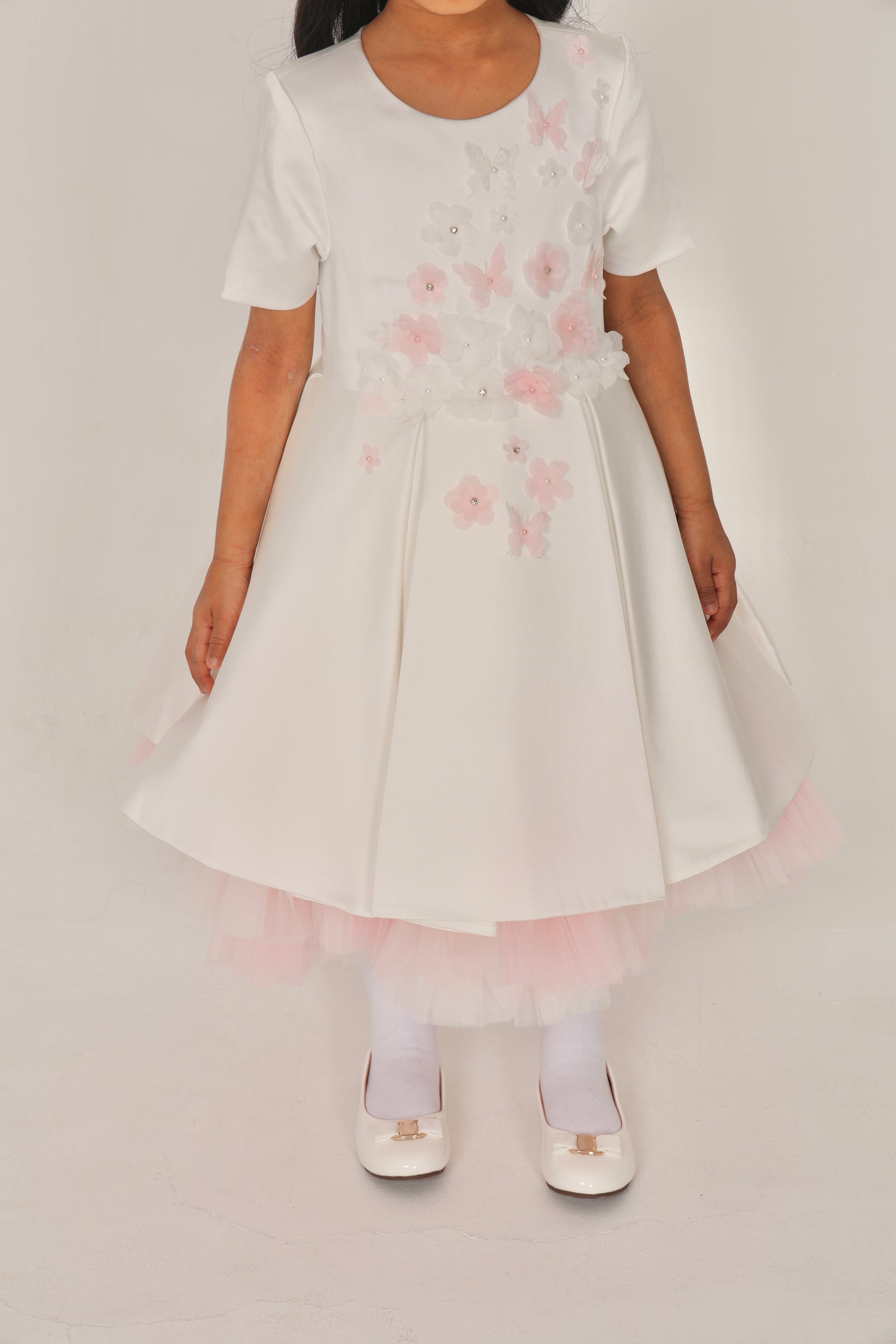 White Dress with 3D Flowers & Butterflies