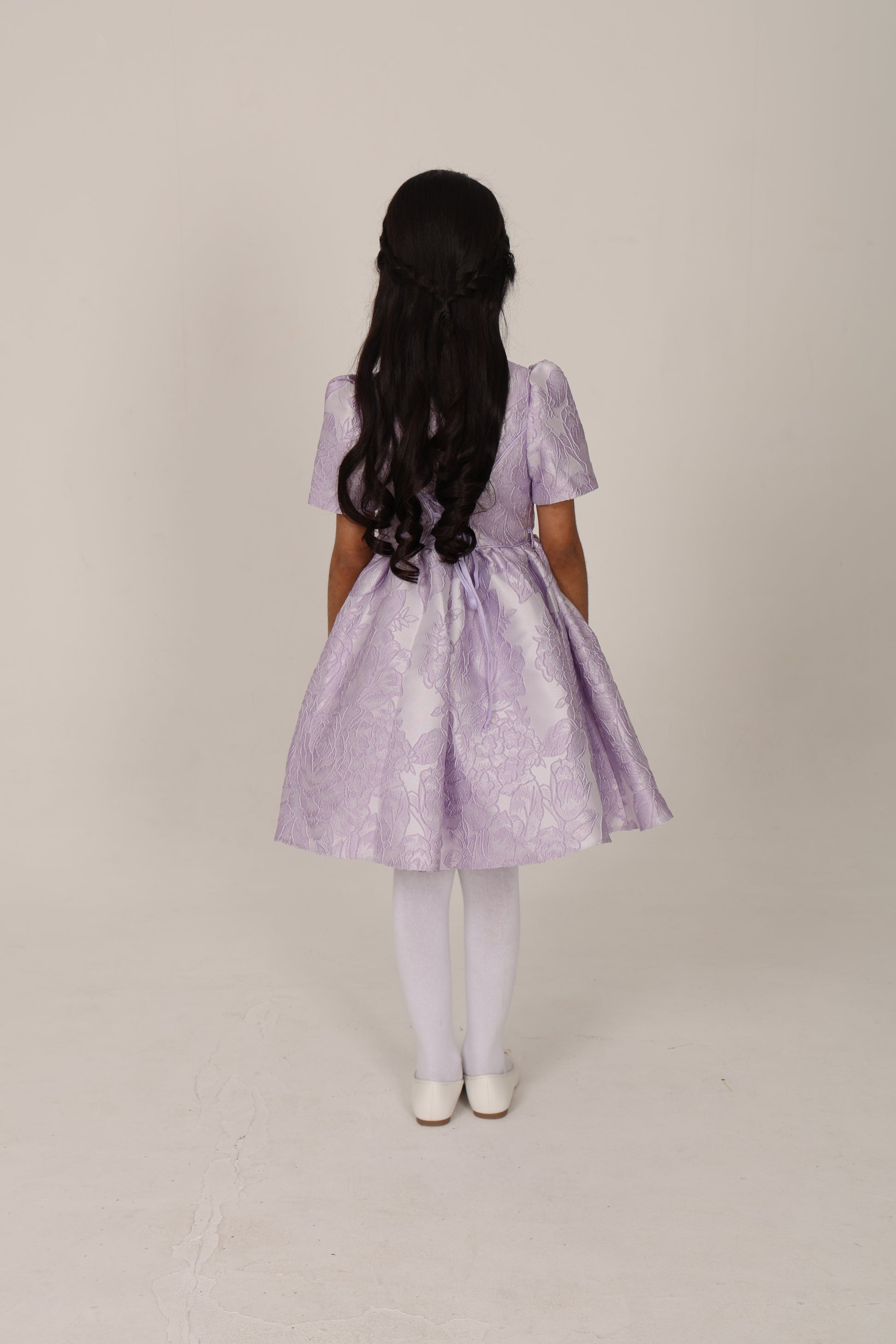 Floral-patterned lavender jacquard dress