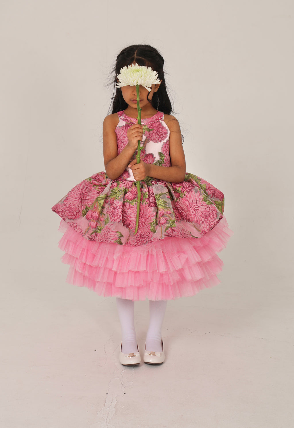 Fushia pink Jacquard Dress with Tulle Layers