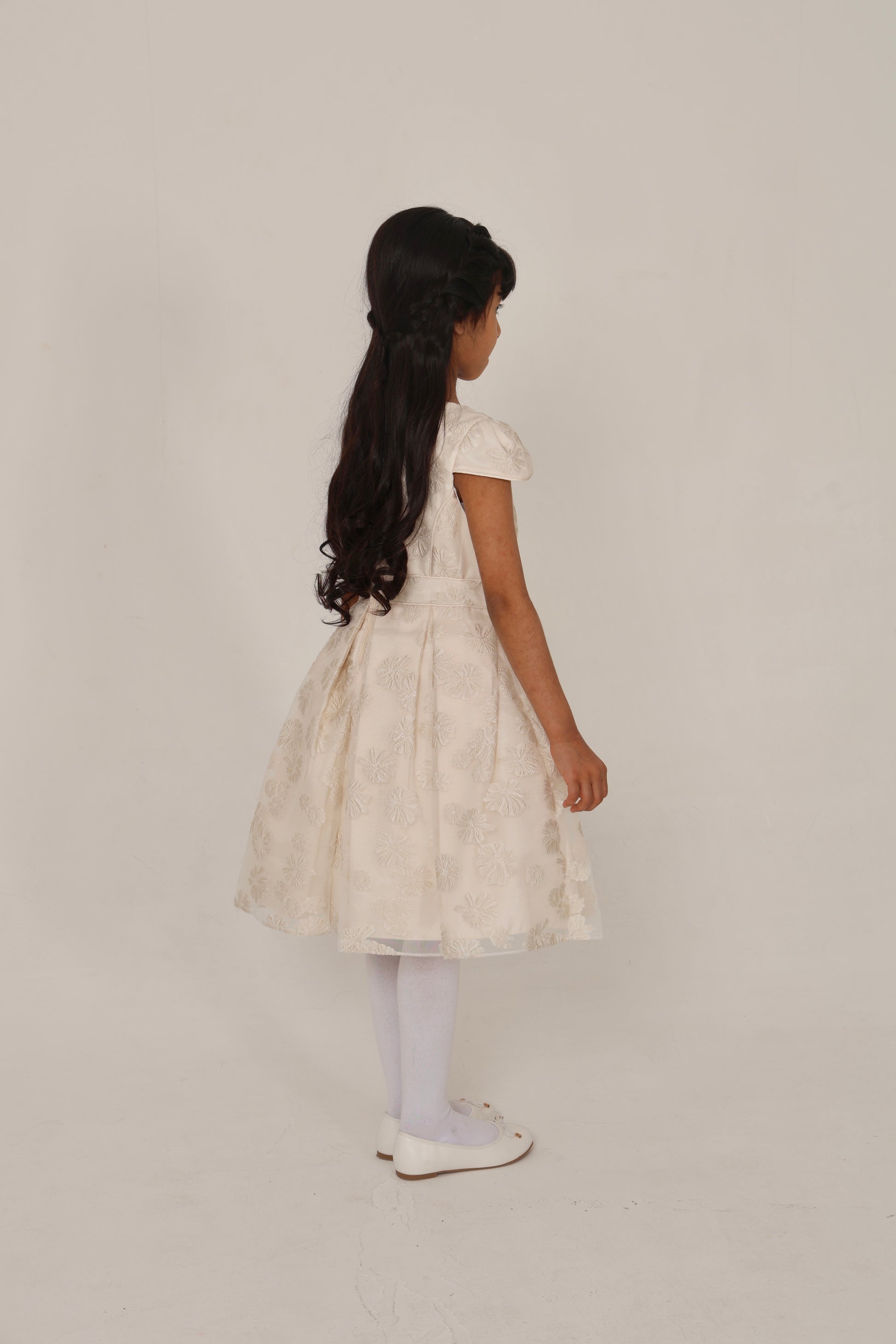 Elegant Ecru Dress with Golden Floral Details