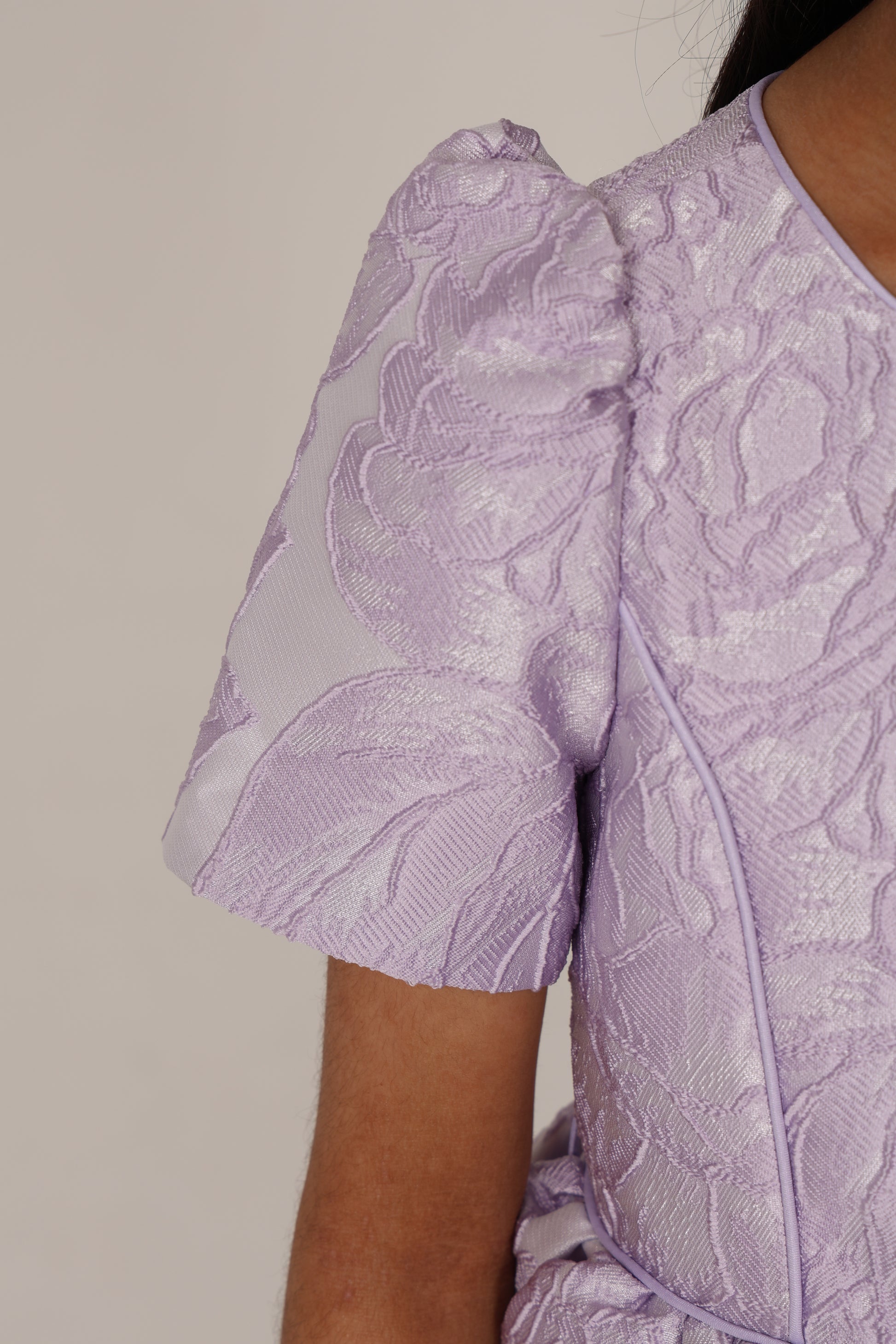 Floral-patterned lavender jacquard dress