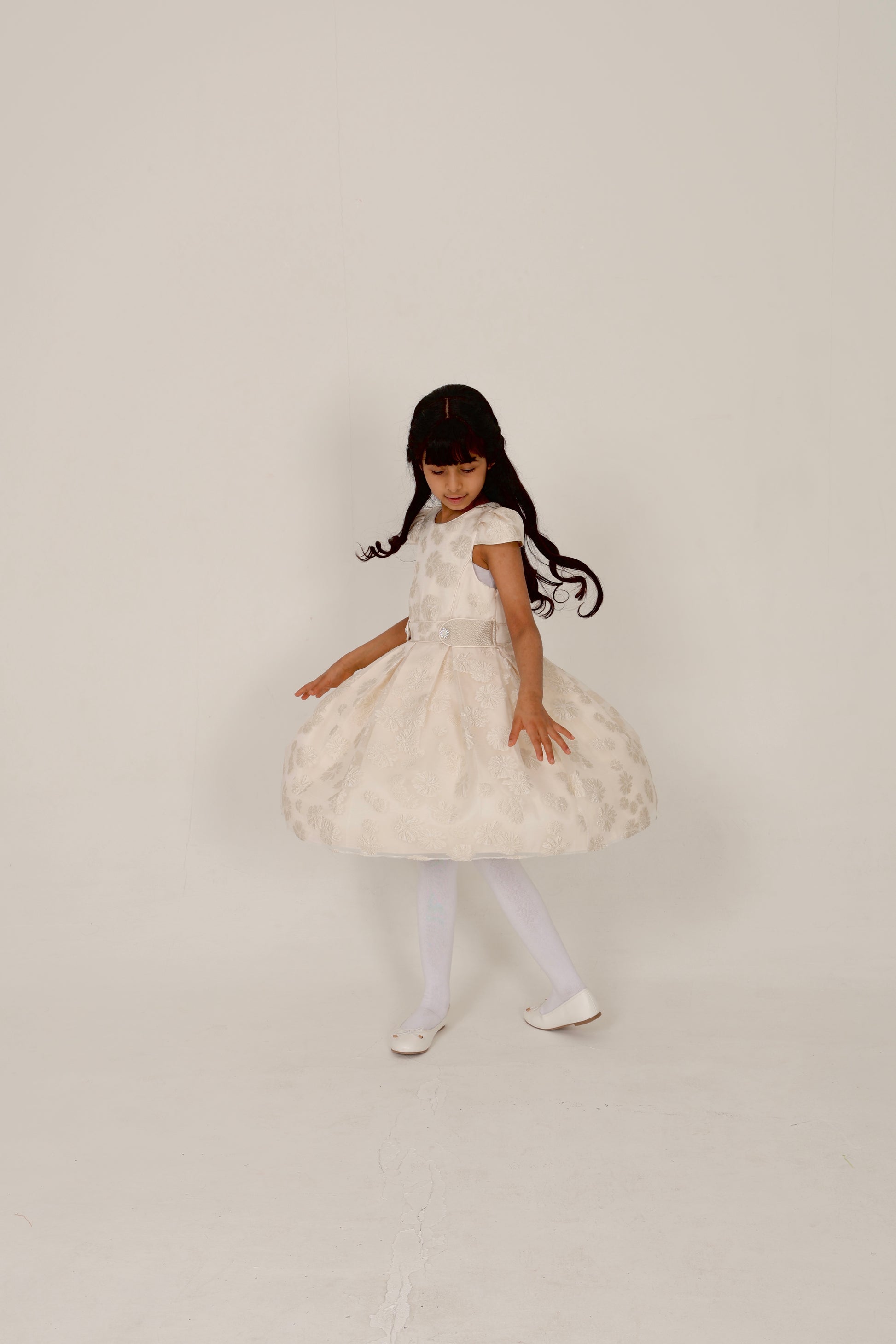 Elegant Ecru Dress with Golden Floral Details
