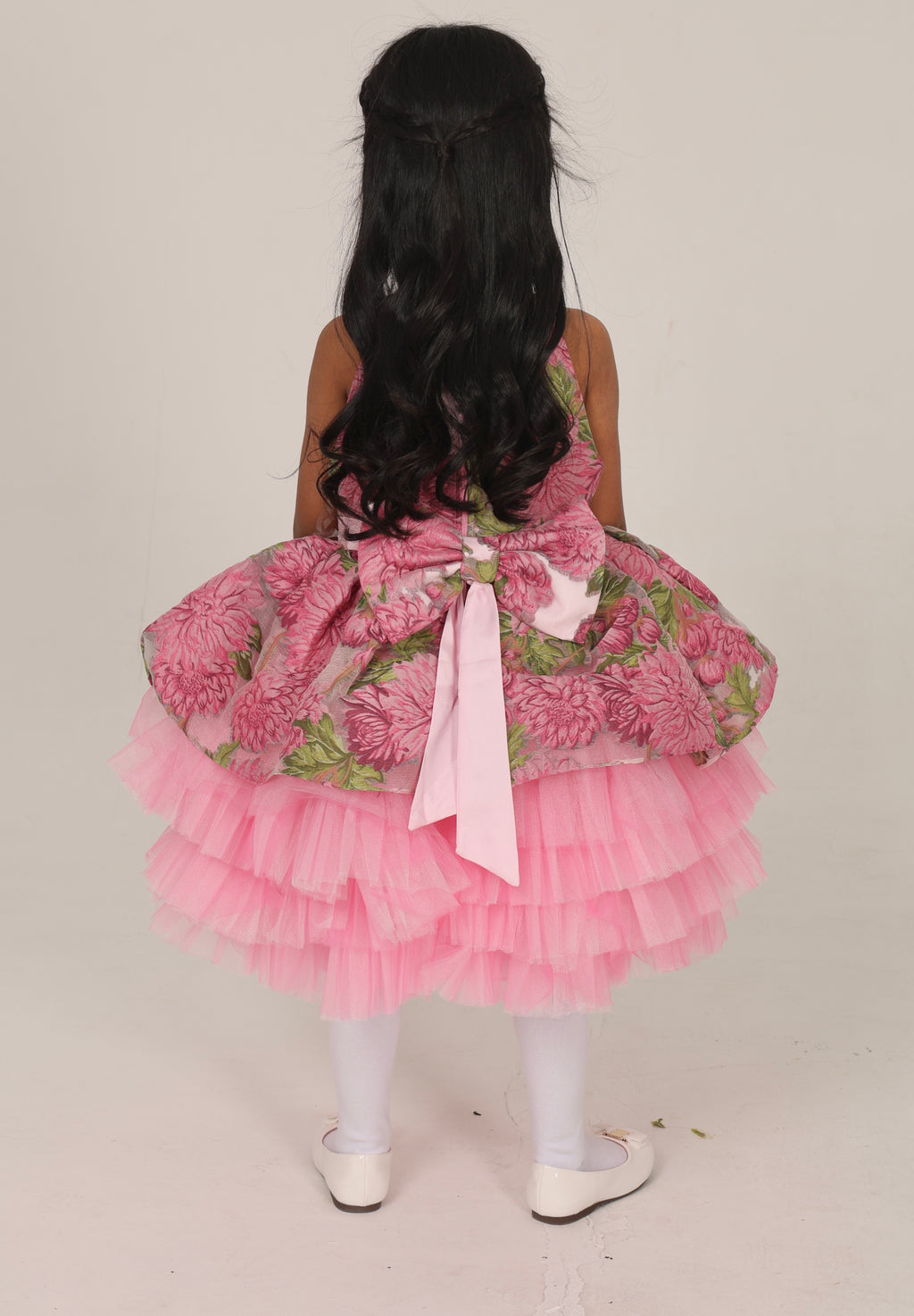 Fushia pink Jacquard Dress with Tulle Layers