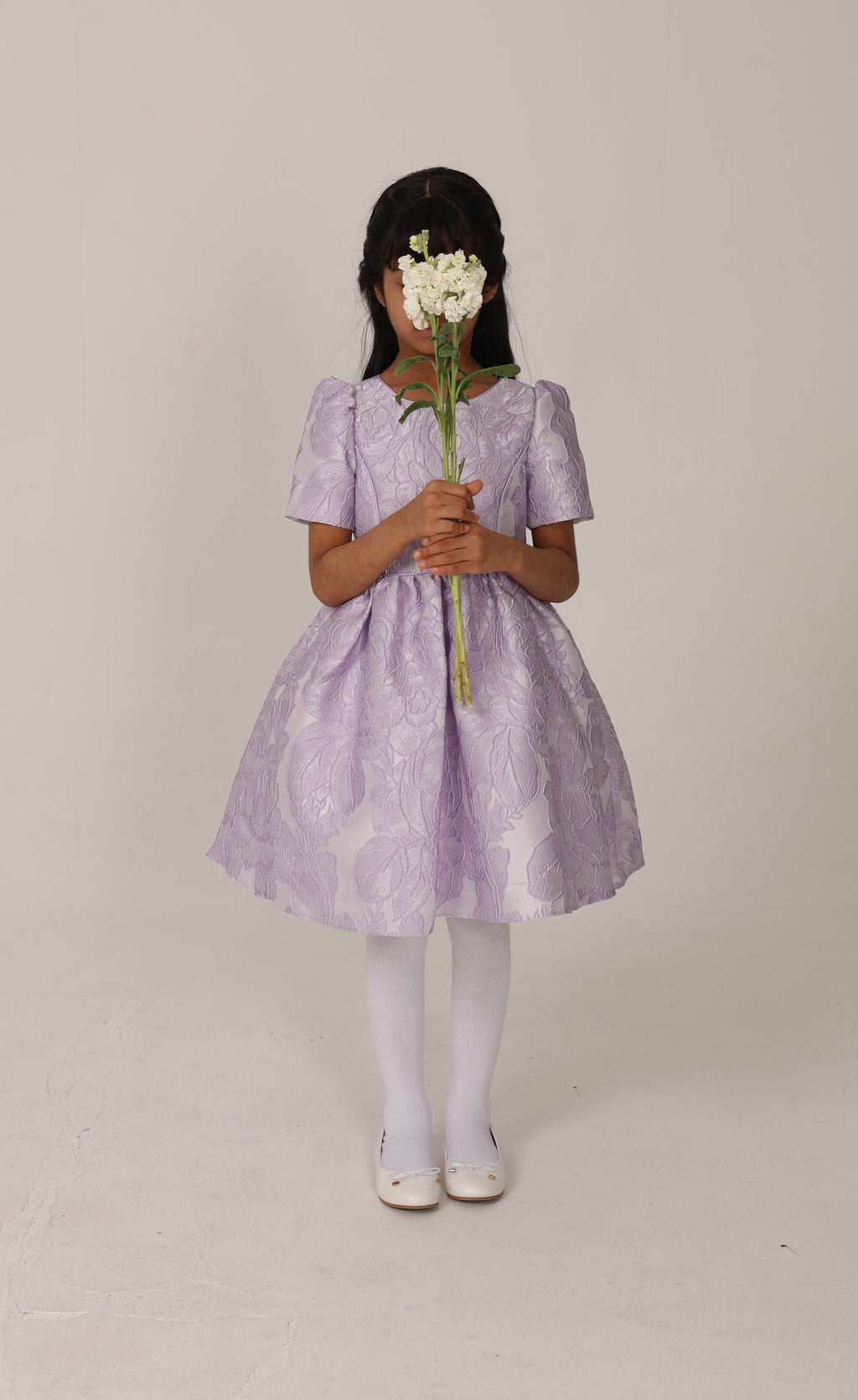 Floral-patterned lavender jacquard dress