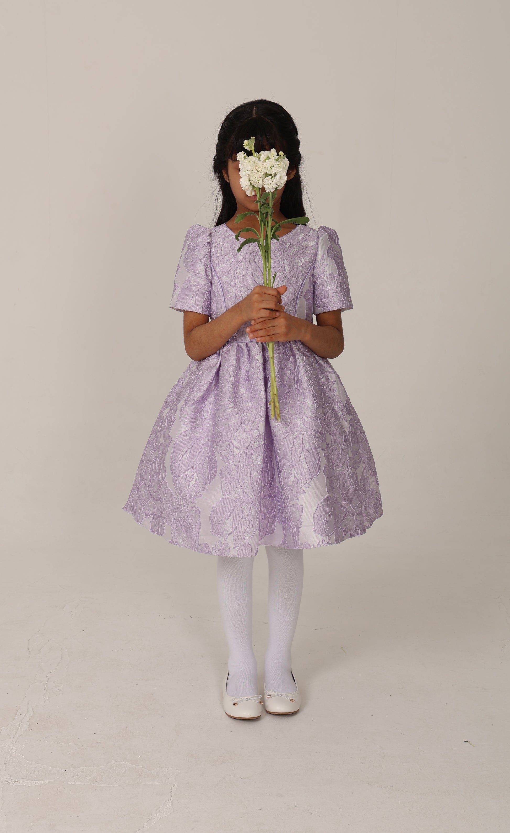 Floral-patterned lavender jacquard dress