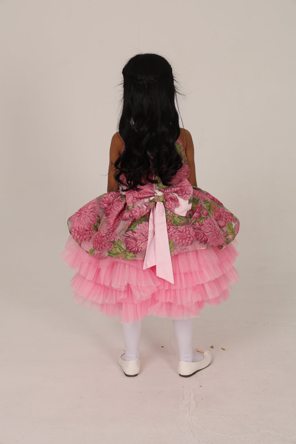Fushia pink Jacquard Dress with Tulle Layers