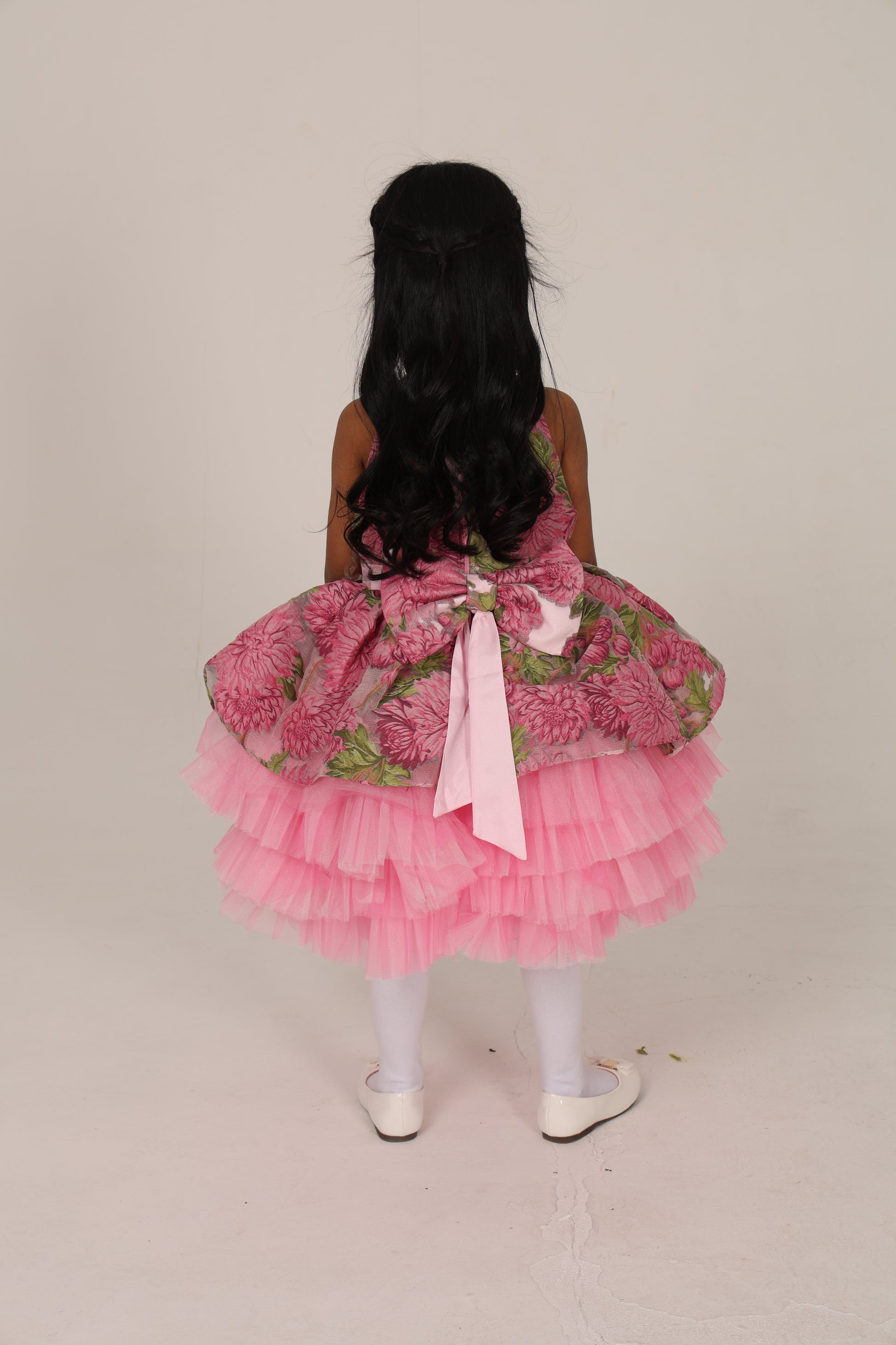 Fushia pink Jacquard Dress with Tulle Layers