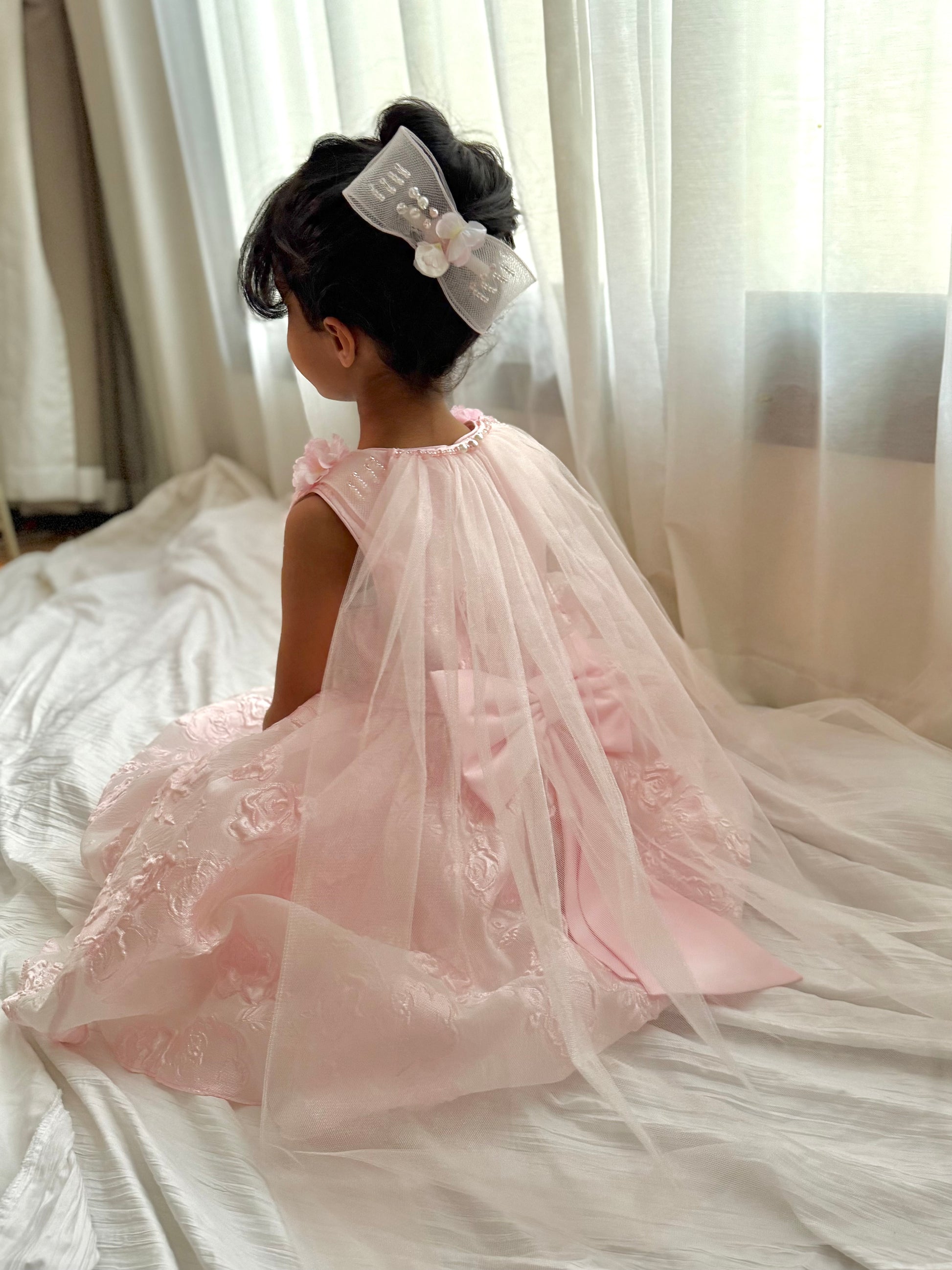Pink Embroidered Dress with Elegant Cape
