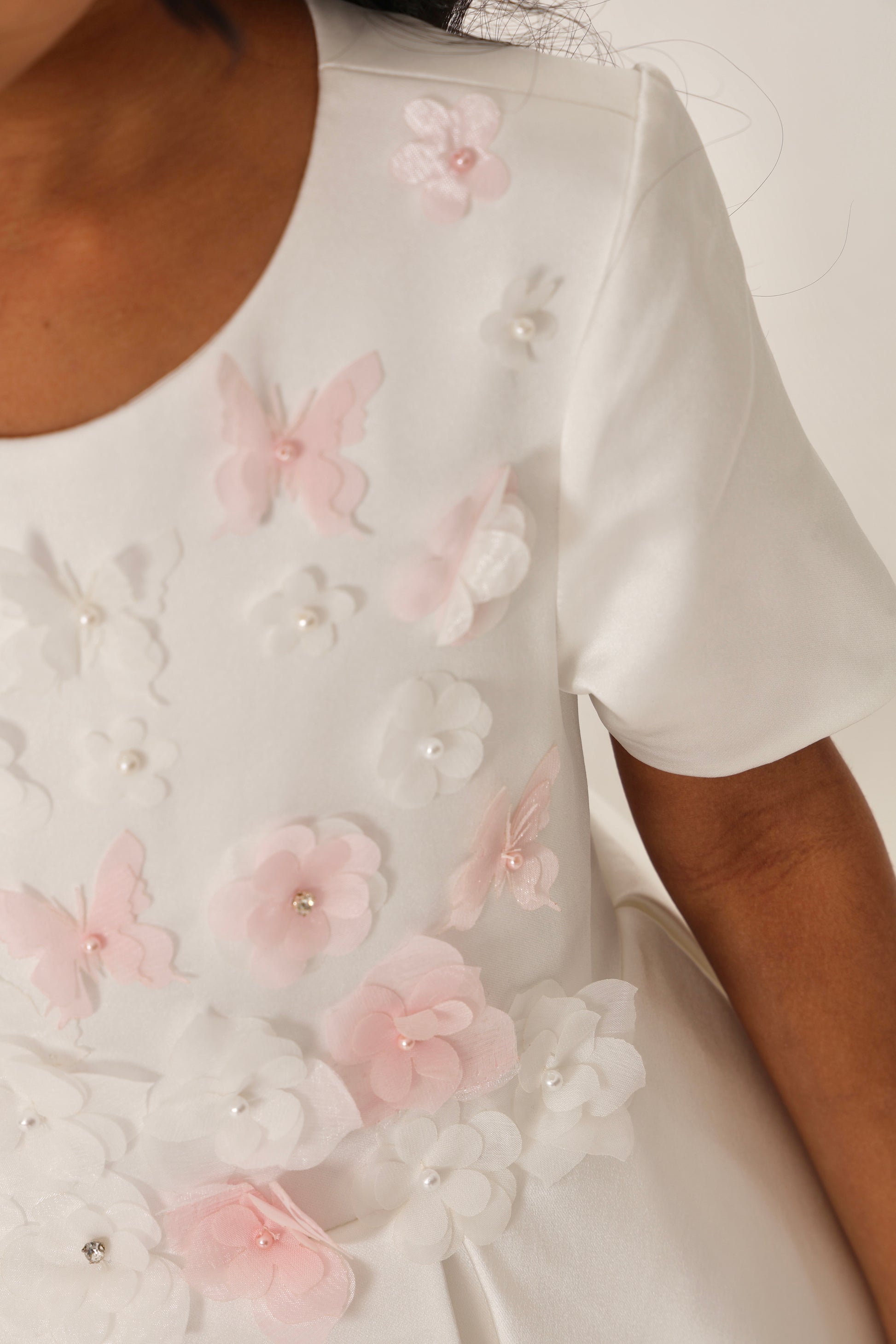 White Dress with 3D Flowers & Butterflies