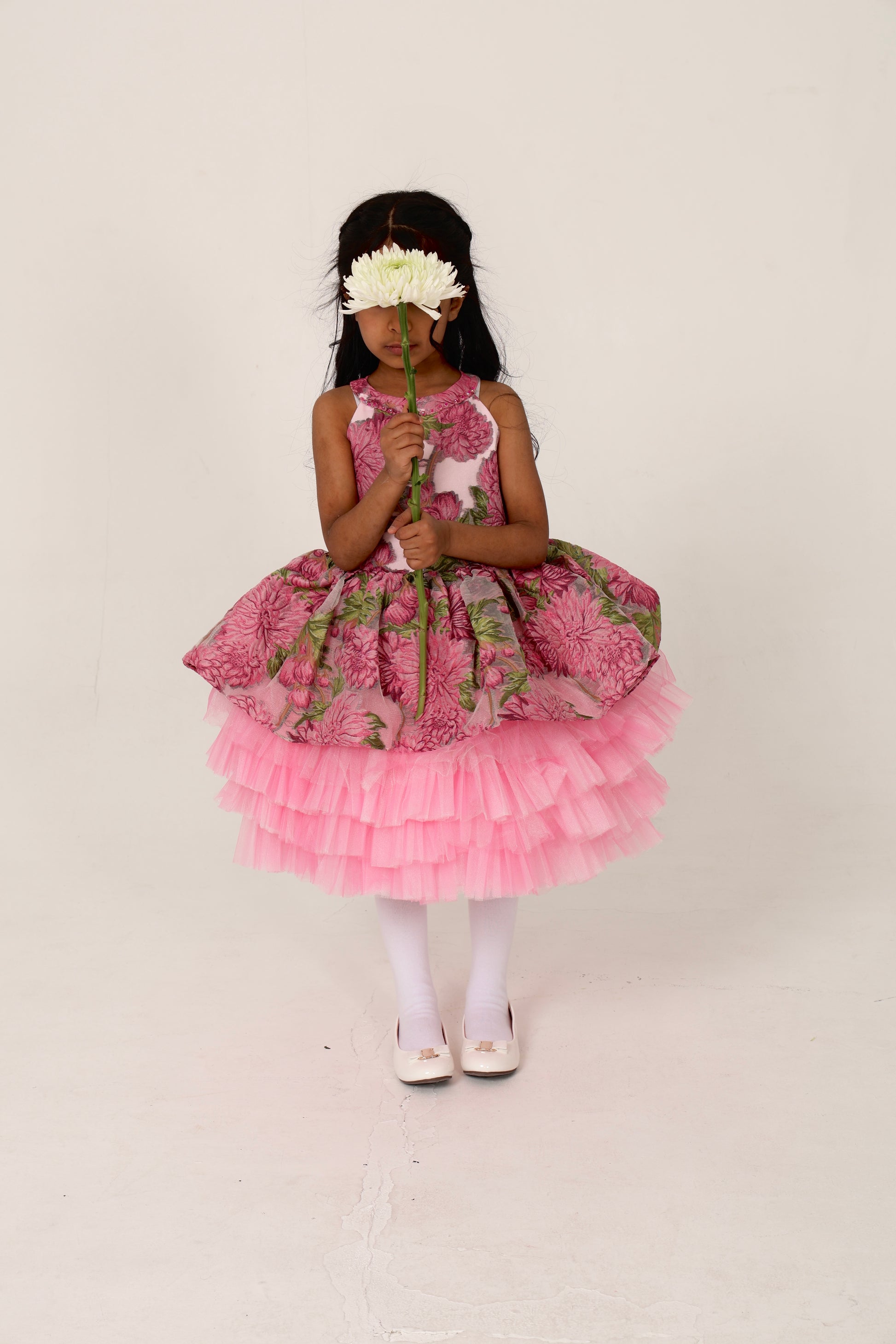 Fushia pink Jacquard Dress with Tulle Layers