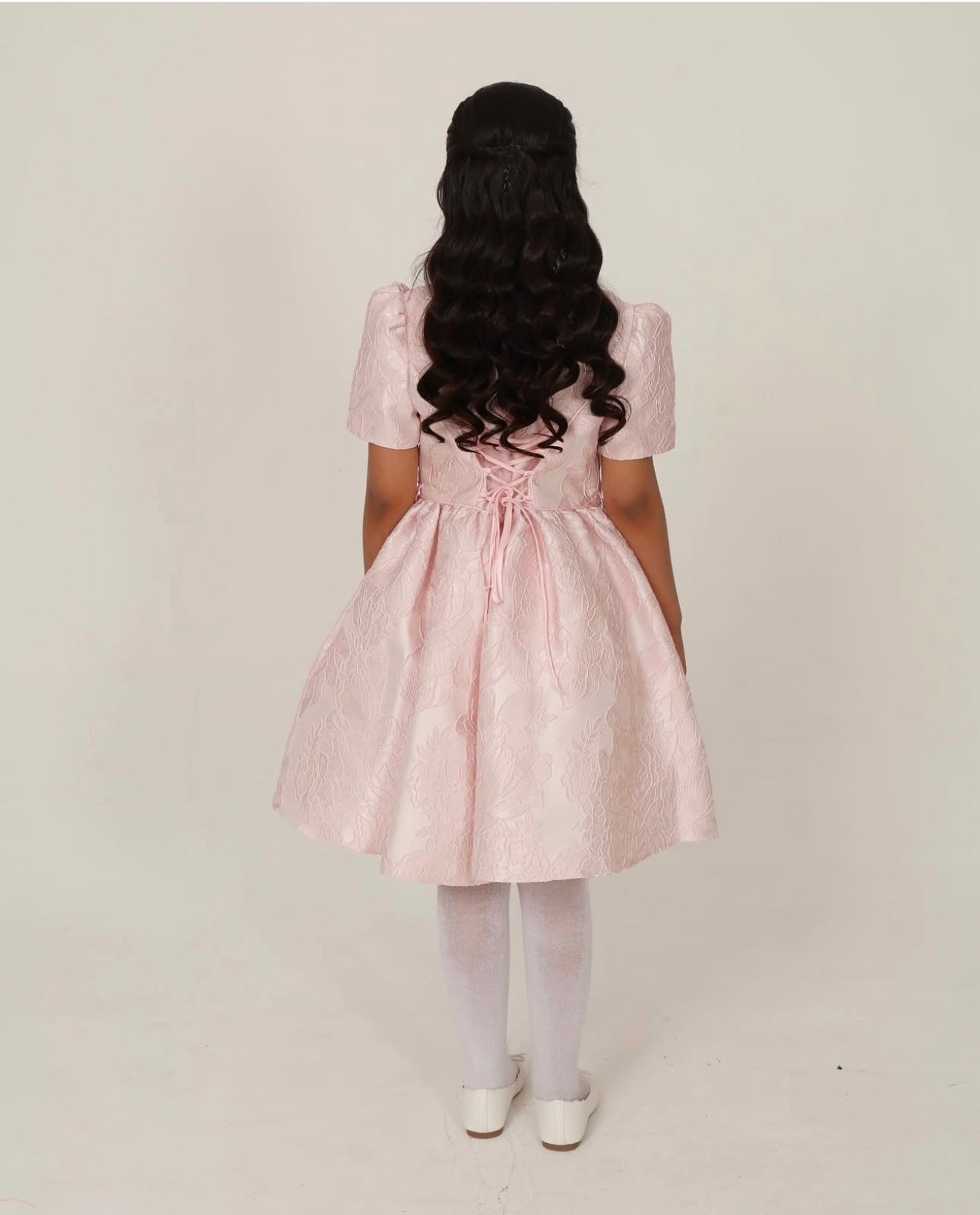 Floral-patterned soft pink jacquard dress