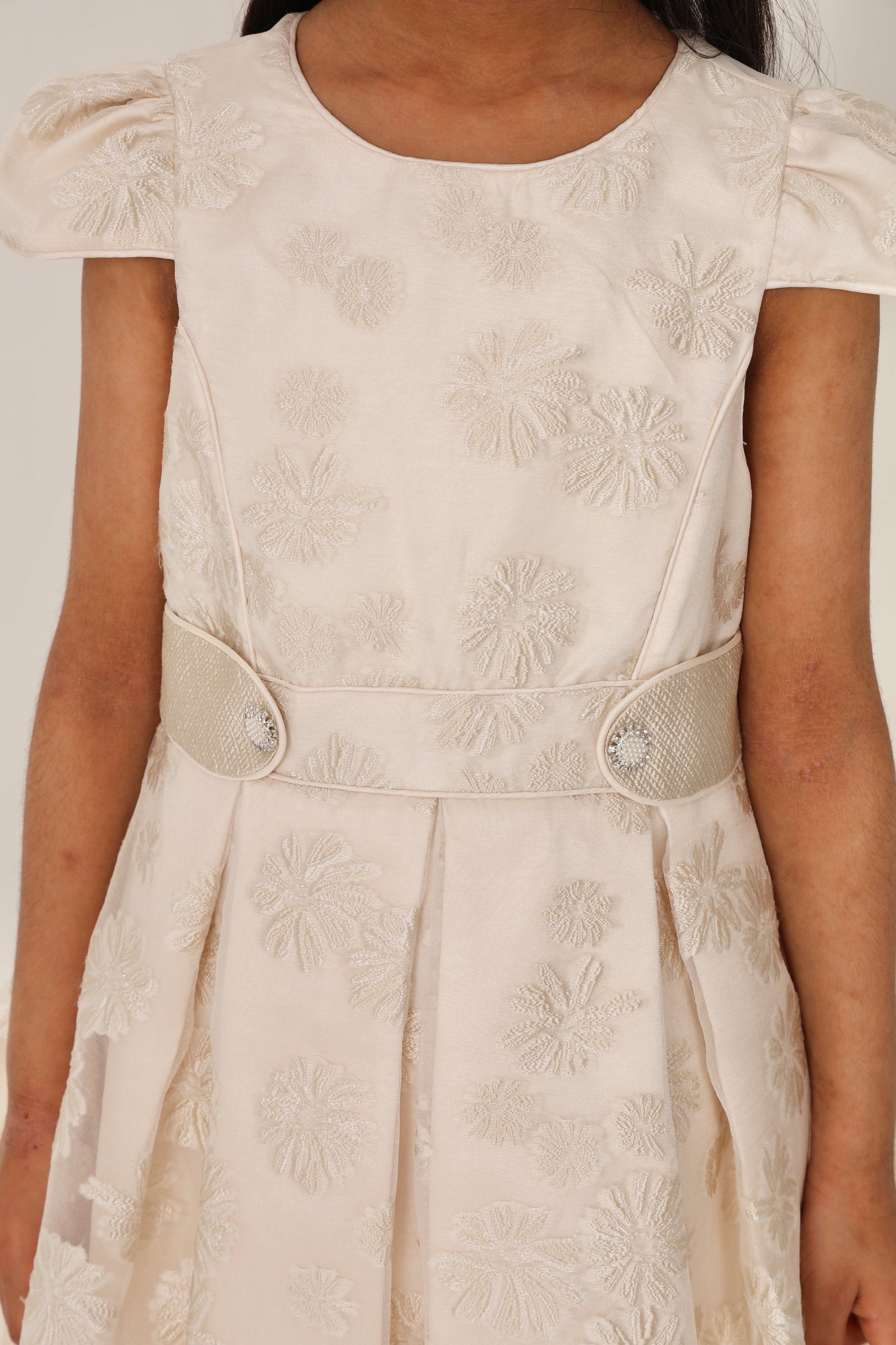 Elegant Ecru Dress with Golden Floral Details