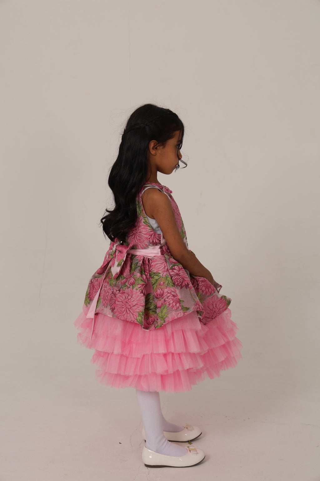 Fushia pink Jacquard Dress with Tulle Layers