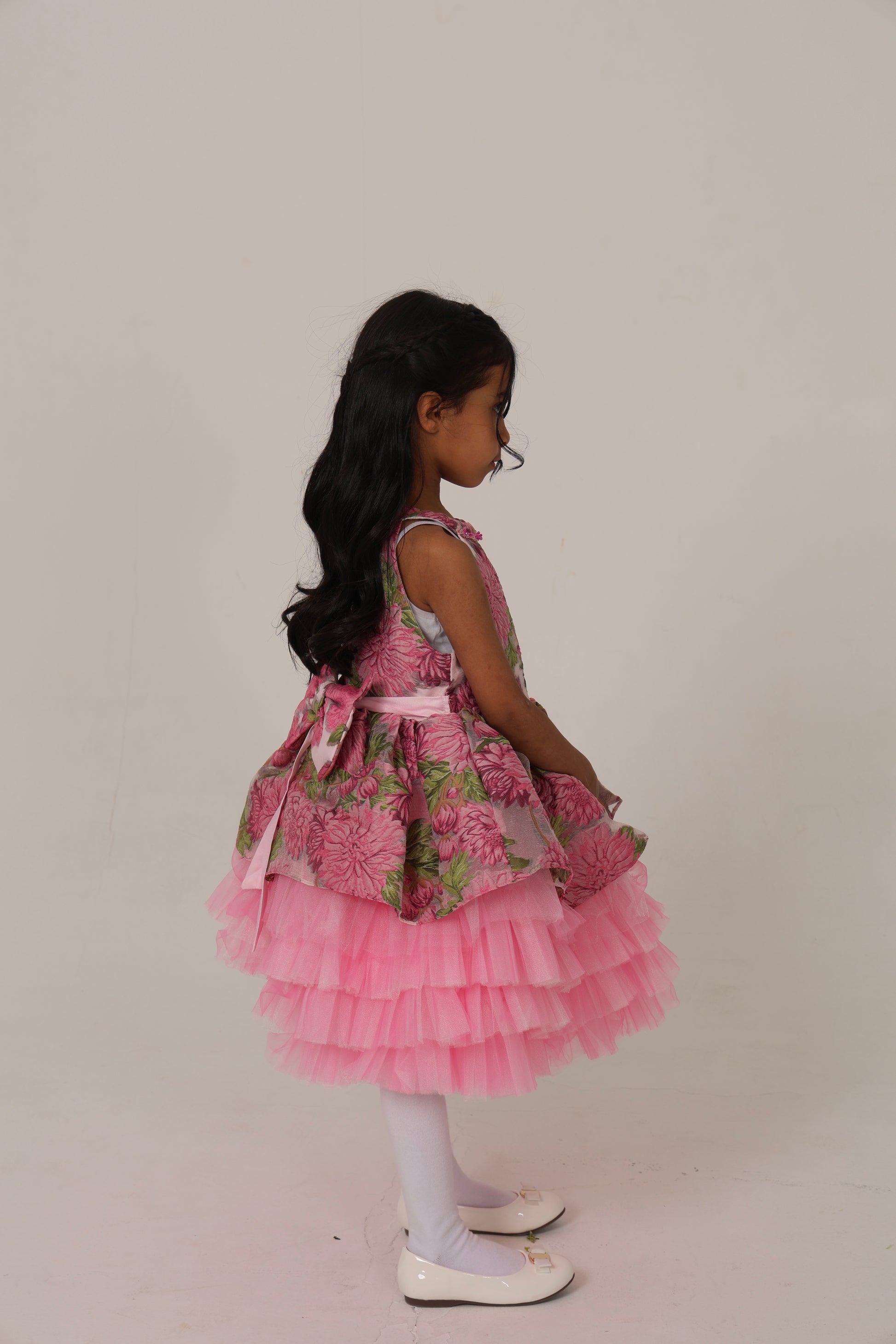 Fushia pink Jacquard Dress with Tulle Layers