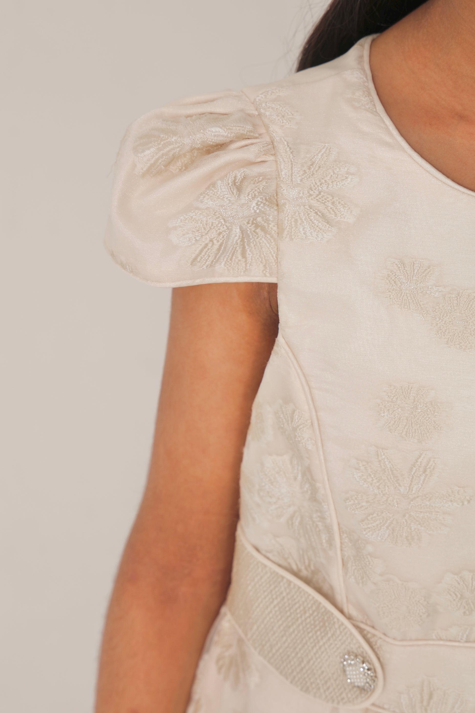 Elegant Ecru Dress with Golden Floral Details