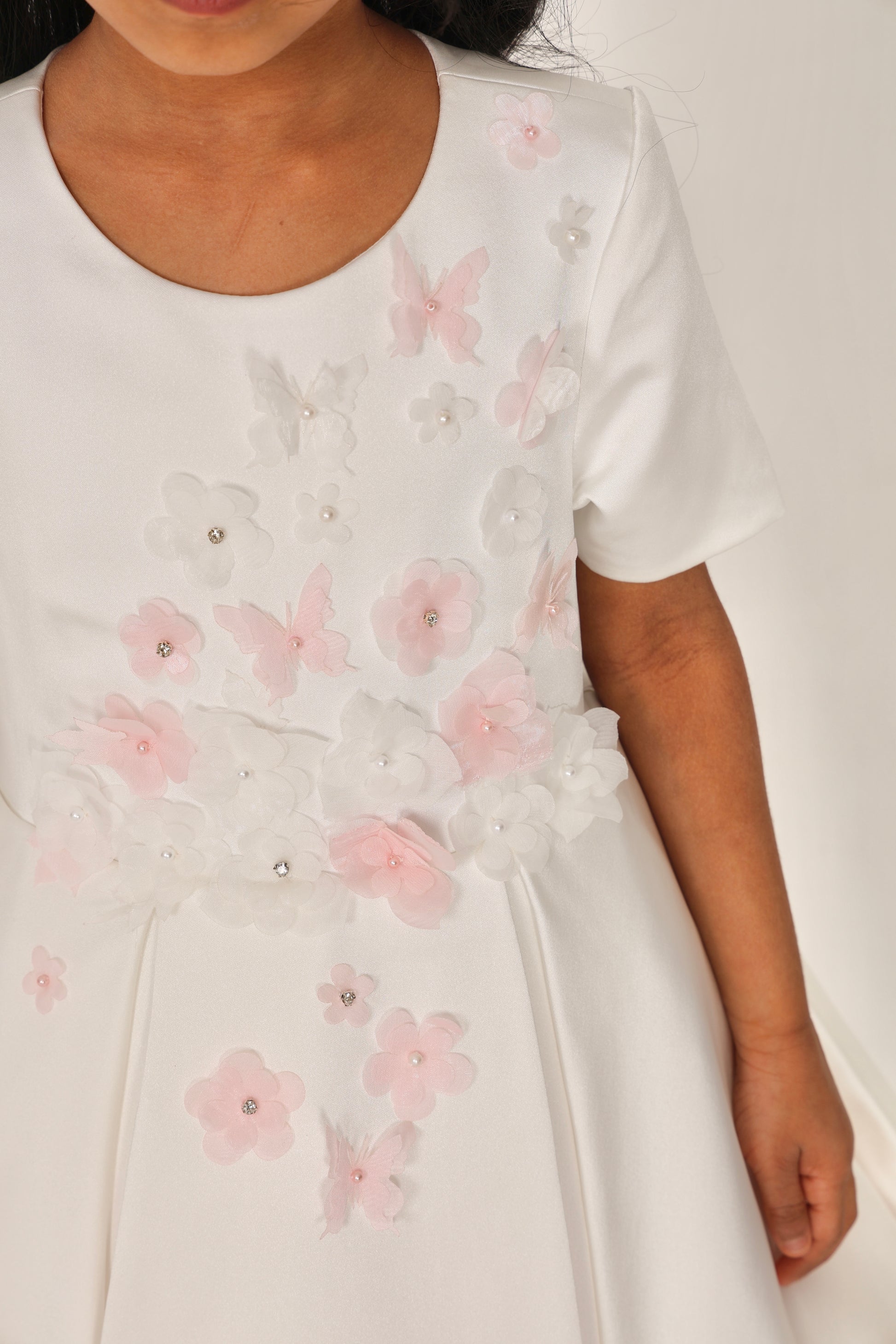 White Dress with 3D Flowers & Butterflies