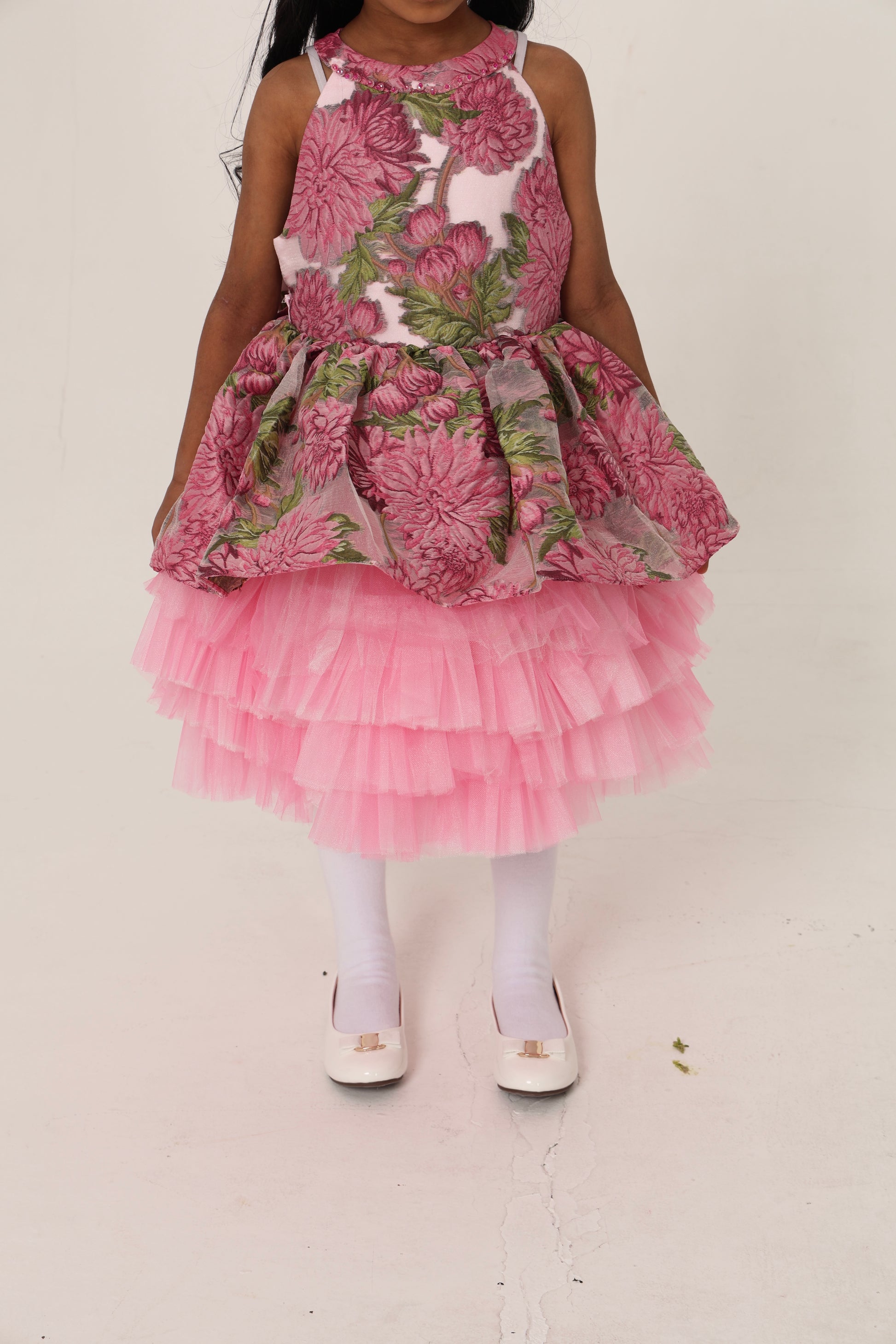 Fushia pink Jacquard Dress with Tulle Layers