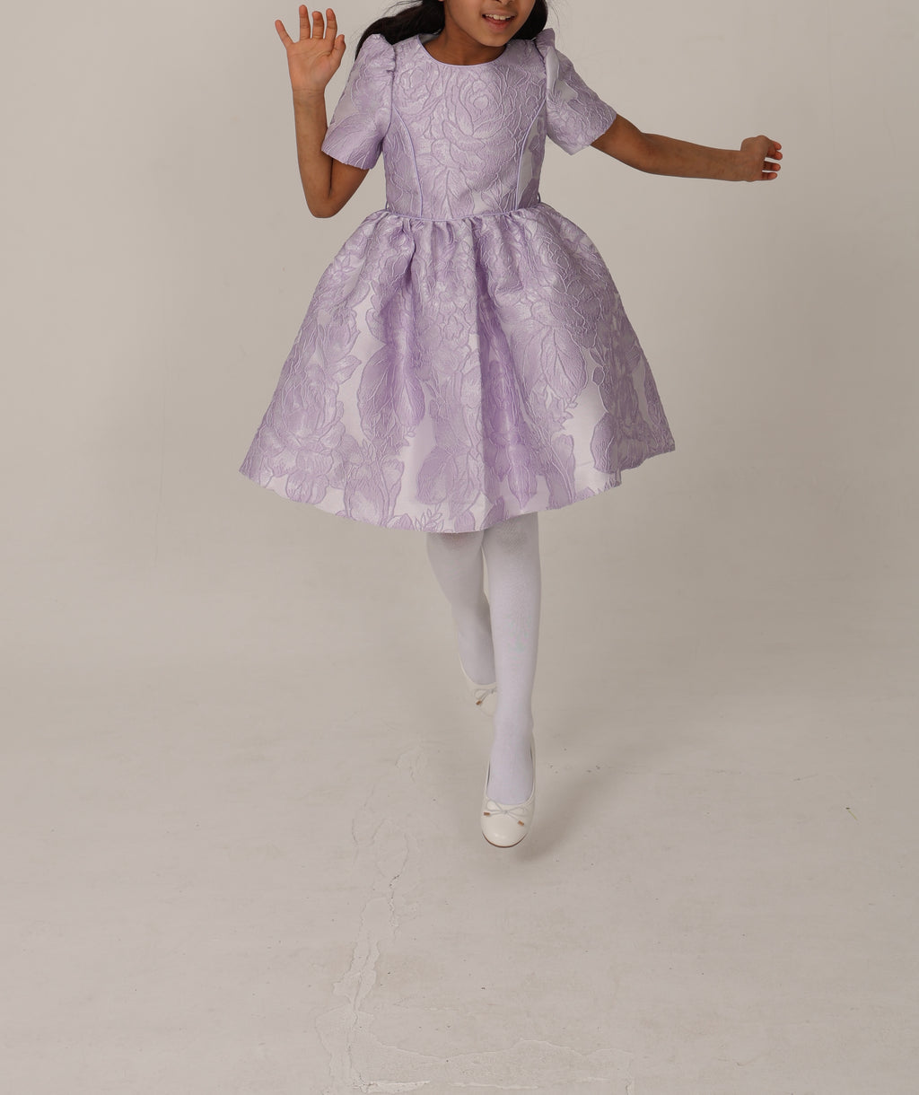 Floral-patterned lavender jacquard dress