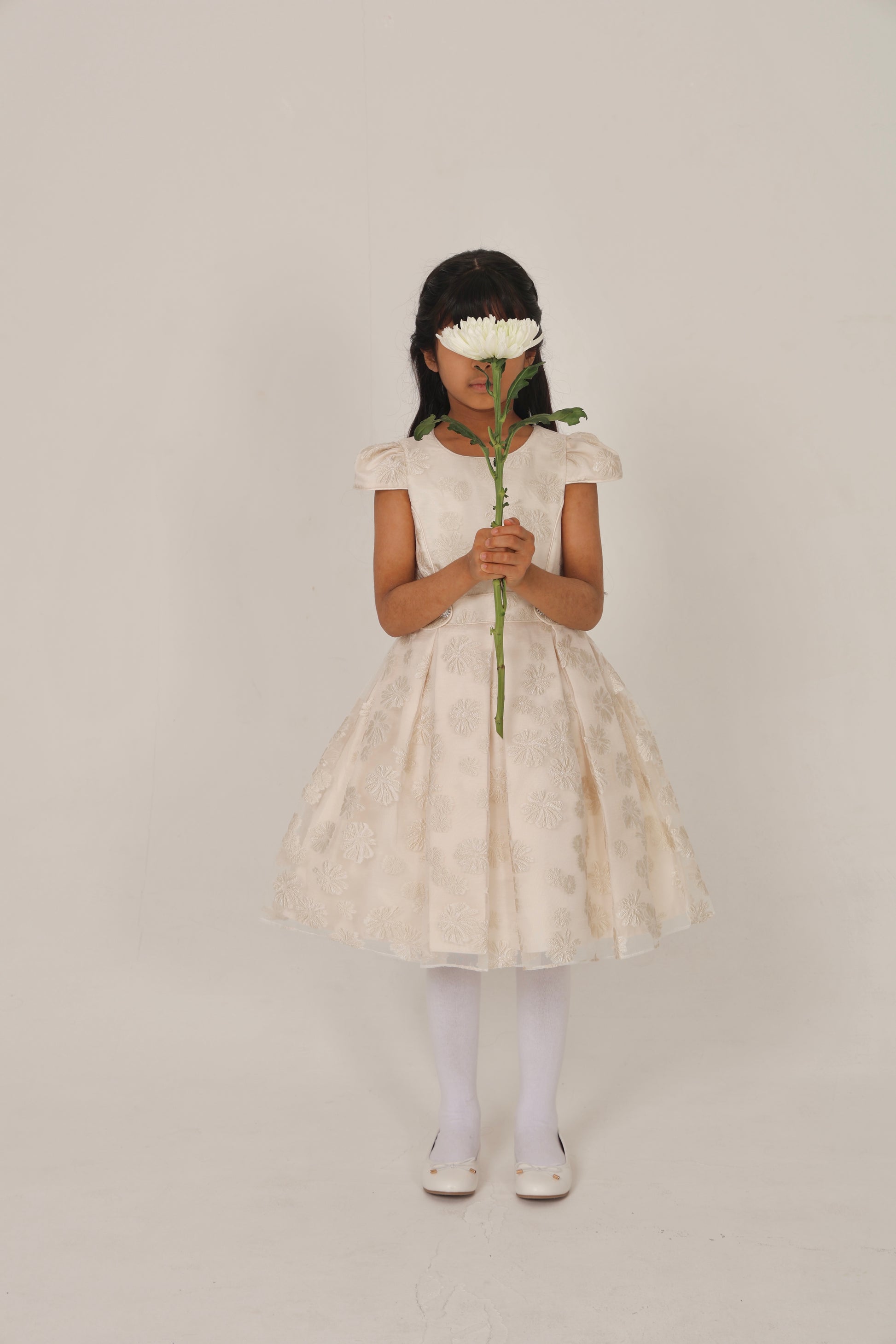 Elegant Ecru Dress with Golden Floral Details